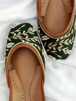 Green pearl khussa shoes for women with gold leaf embroidery in Pakistan