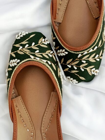 Green pearl khussa shoes for women with gold leaf embroidery in Pakistan