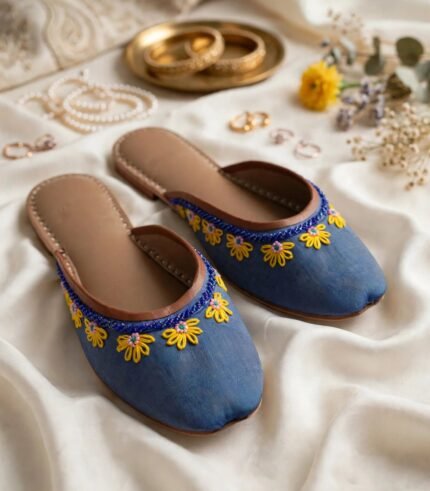 Pair of hand embroidered khussa in blue with yellow flowers and leather trim