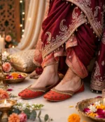 Handmade rust red khussa with pearl work styled with a maroon festive dress and mehndi