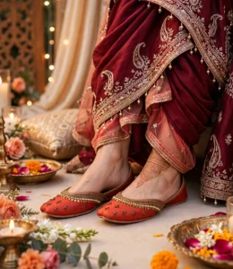 Handmade rust red khussa with pearl work styled with a maroon festive dress and mehndi