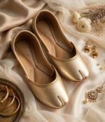 Handmade golden khussa pair with tilla-style toe and braided stitching