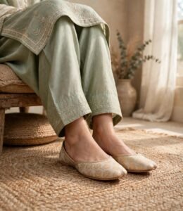 Handmade brocade khussa shoes styled with a sage green embroidered suit