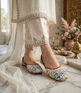 Handmade khussa shoes for women paired with a cream embroidered kurta and trouser