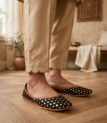 Handmade black khussa styled with beige scalloped embroidered trousers