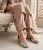 Ladies mirror work khussa in ivory styled with blush pink embroidered shalwar kameez
