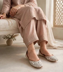 Ladies mirror work khussa in ivory styled with blush pink embroidered shalwar kameez