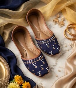 Ladies mirror work khussa in navy blue with gold zari embroidery and tan leather trim