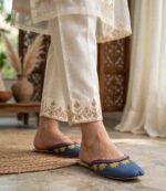 Ladies slip-on khussa in denim blue with yellow flower embroidery and beaded edge