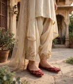 Traditional Pakistani maroon khussa paired with a cream shalwar and embroidered dupatta