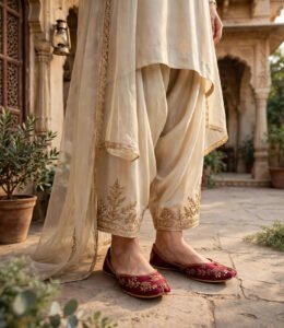 Traditional Pakistani maroon khussa paired with a cream shalwar and embroidered dupatta