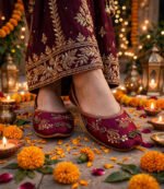 Maroon zardozi khussa styled with a velvet embroidered suit for a festive wedding look