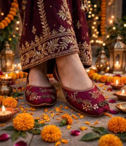 Maroon zardozi khussa styled with a velvet embroidered suit for a festive wedding look