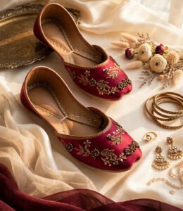 Flat lay of maroon embroidered khussa pair with leather trim, cushioned insole and jewellery