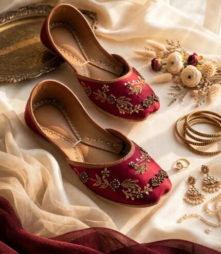Flat lay of maroon embroidered khussa pair with leather trim, cushioned insole and jewellery