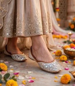 Ivory mirror work juti worn with embroidered festive outfit for wedding