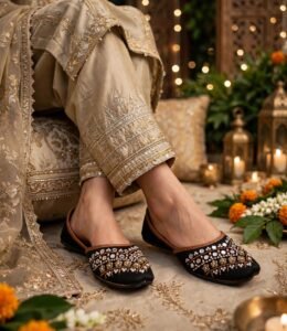 Mirror work khussa shoes styled for festive event with lights