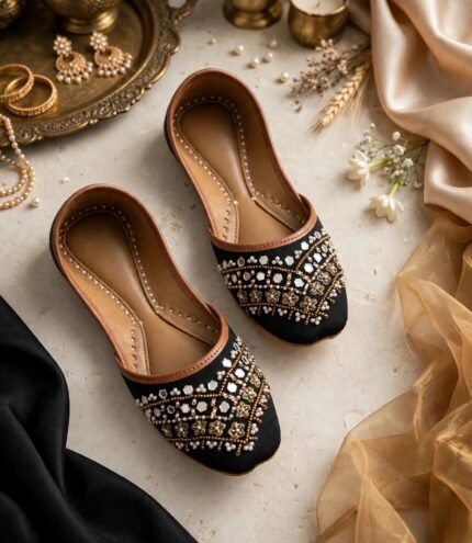 Mirror work khussa shoes flat lay with jewelry and flowers