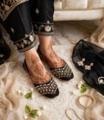 Mirror work khussa shoes styled with mehndi decorated feet