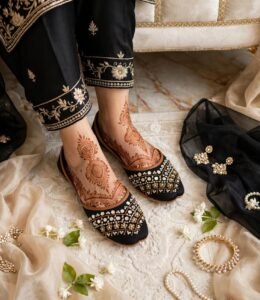 Mirror work khussa shoes styled with mehndi decorated feet
