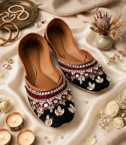 Mirror work khussa women in black velvet with pearl and crystal embroidery