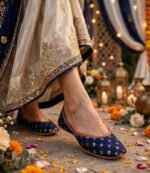 Navy blue khussa online Pakistan worn with embroidered outfit at mehndi function