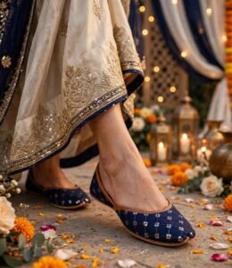 Navy blue khussa online Pakistan worn with embroidered outfit at mehndi function