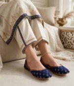 Navy blue khussa online Pakistan styled with ivory embroidered shalwar