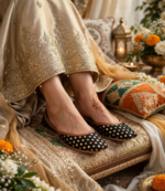 Party wear khussa for women styled with golden embroidered outfit