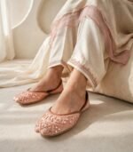Peach khussa flats women paired with cream silk shalwar