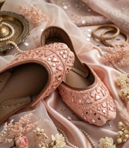 Peach khussa flats women styled in flat lay with jewelry