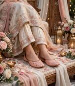 Peach khussa flats women with mirror work embroidery