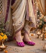 Close-up of pearl work bridal khussa styled with gold anklets at mehndi decor setup