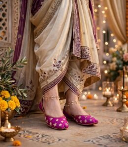 Close-up of pearl work bridal khussa styled with gold anklets at mehndi decor setup