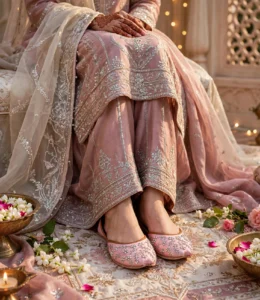Bride wearing pink bridal khussa online with mehndi hands and gharara