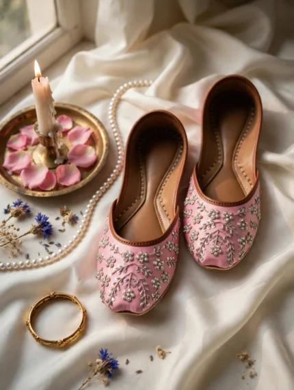 Pink bridal khussa online with pearl embroidery and rose petals