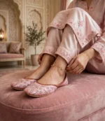 Pink bridal khussa online paired with pink silk shalwar and anklet