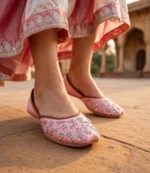 Pink bridal khussa online worn while walking in Mughal courtyard