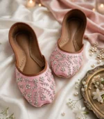 Pink bridal khussa online showing silver sequin floral hand embroidery