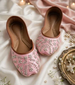 Pink bridal khussa online showing silver sequin floral hand embroidery