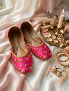 Handmade pink khussa with gold embroidery flatlay shot