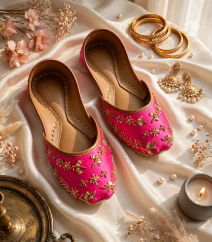 Pink khussa for women paired with gold jewelry and roses