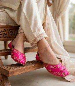 Woman wearing pink khussa for women with anklet