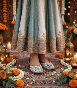 Printed khussa for women styled with a blue and cream embroidered lehenga