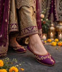 Purple bridal khussa online with gold tilla embroidery for wedding wear