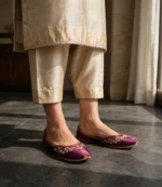 Purple bridal khussa online showing tan leather sole and trim detail
