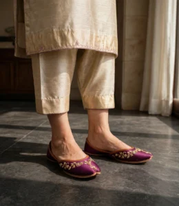 Purple bridal khussa online showing tan leather sole and trim detail