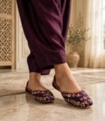 Purple embroidered khussa shoes for women paired with plum shalwar