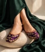 Purple handmade flat khussa for women with emerald green satin outfit