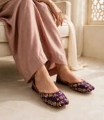 Purple ladies khussa with gold zardozi embroidery styled with dusty pink outfit
